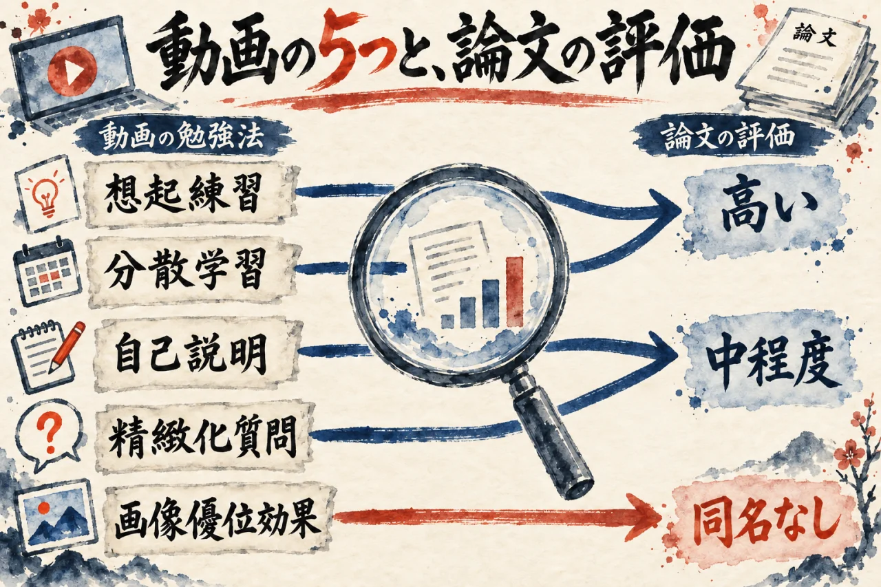 動画の5つの勉強法を論文の評価（高い・中程度・同名なし）と並べて照らし合わせた図解