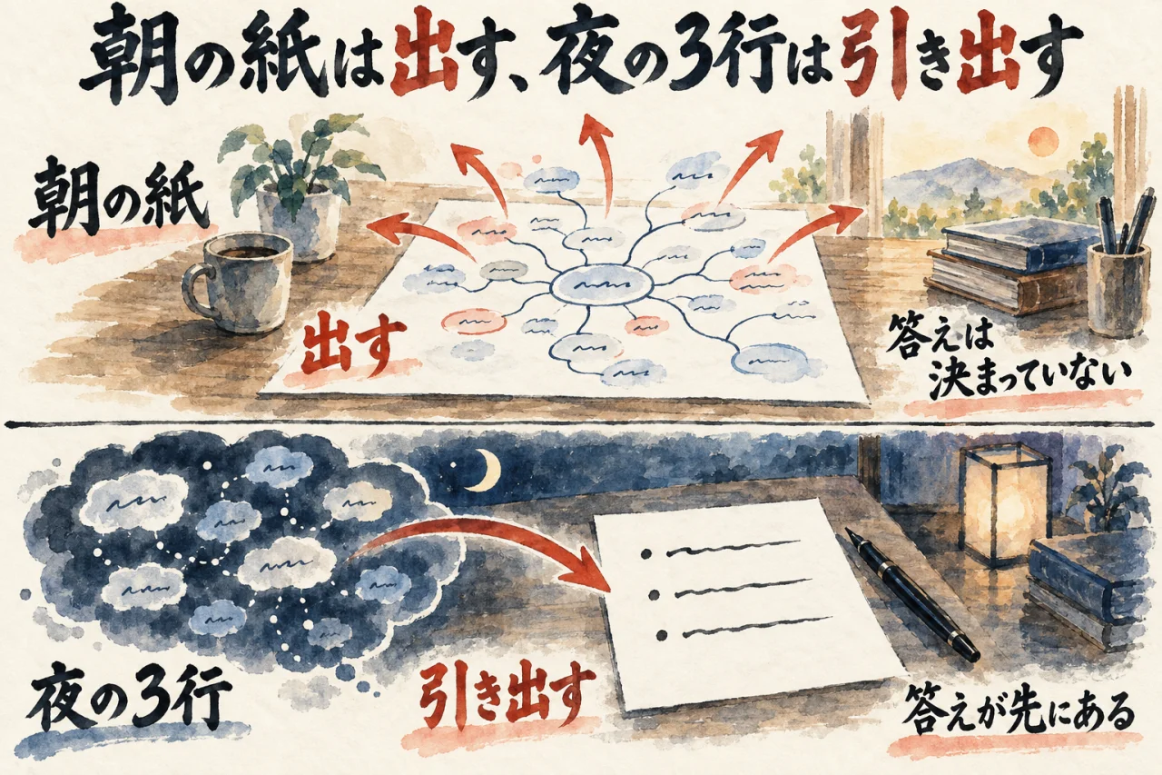 朝の白紙は頭の中を出す、夜の3行は頭から引き出す、の違いを上下で対比した図解