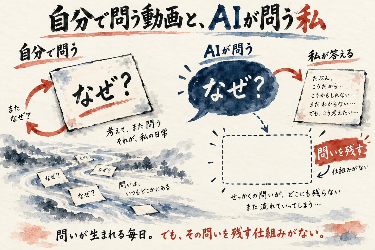 自分で問う動画と、AIが問う私、そして問いを残す仕組みが無いことを示す図解