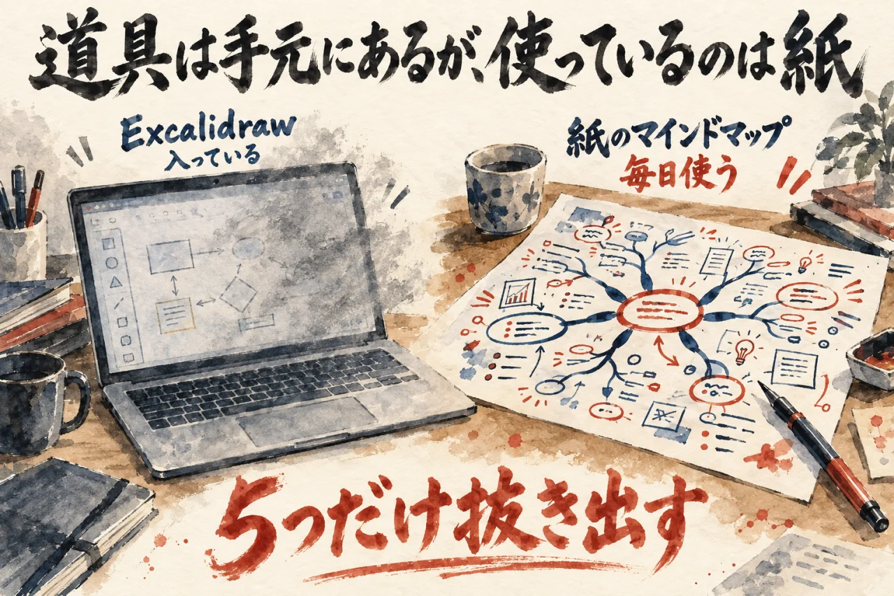 Excalidrawは入っているのに、毎日使っているのは紙のマインドマップだったことを示す図解