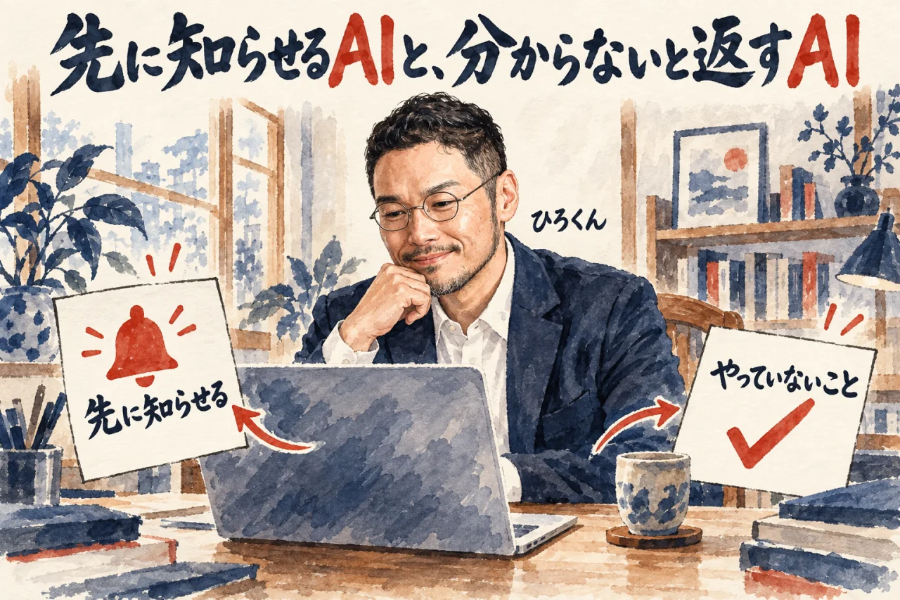 ひろくんがパソコンの返事を読んでうなずく、先に知らせる気配りと、やっていないことを返す気配りの図解