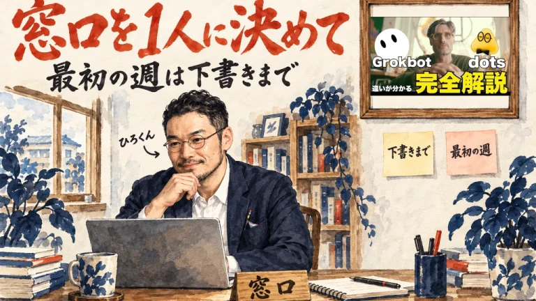 ひろくんが机でノートPCを見て考え、机に窓口の看板が置かれたアイキャッチ。壁に動画のサムネイル