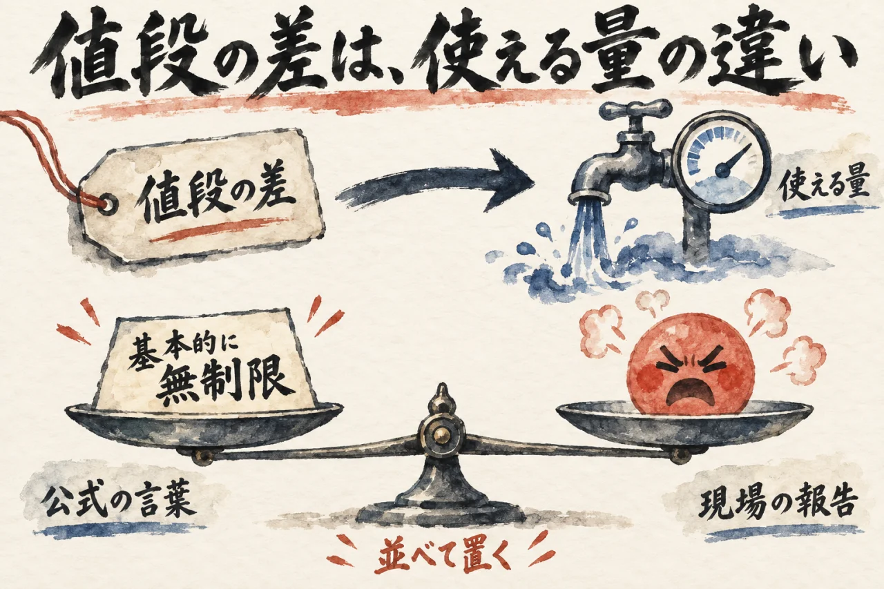 値段の差は使える量の違いであり、公式の言葉と現場の報告を並べて置く、ことを示した図解