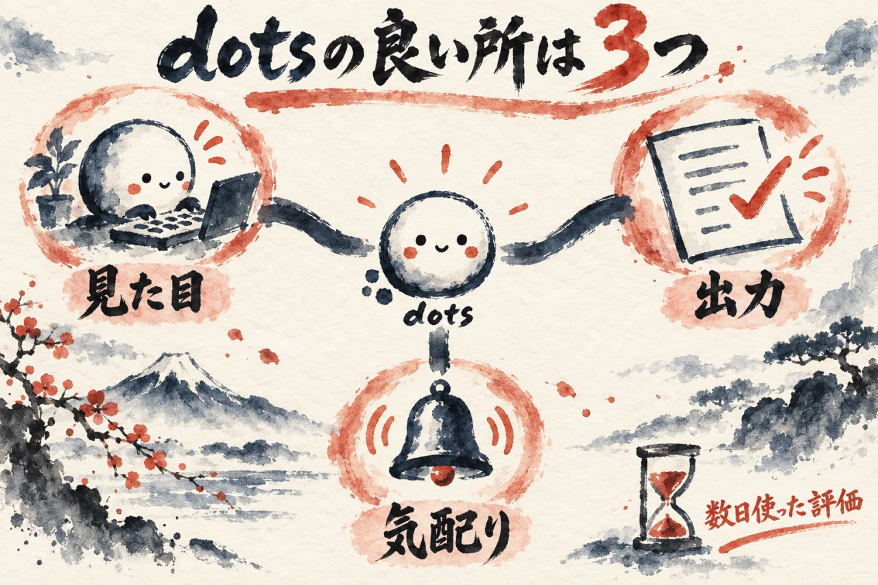 dotsの良い所である見た目・出力・気配りの3つと、数日使った評価であることを示した図解