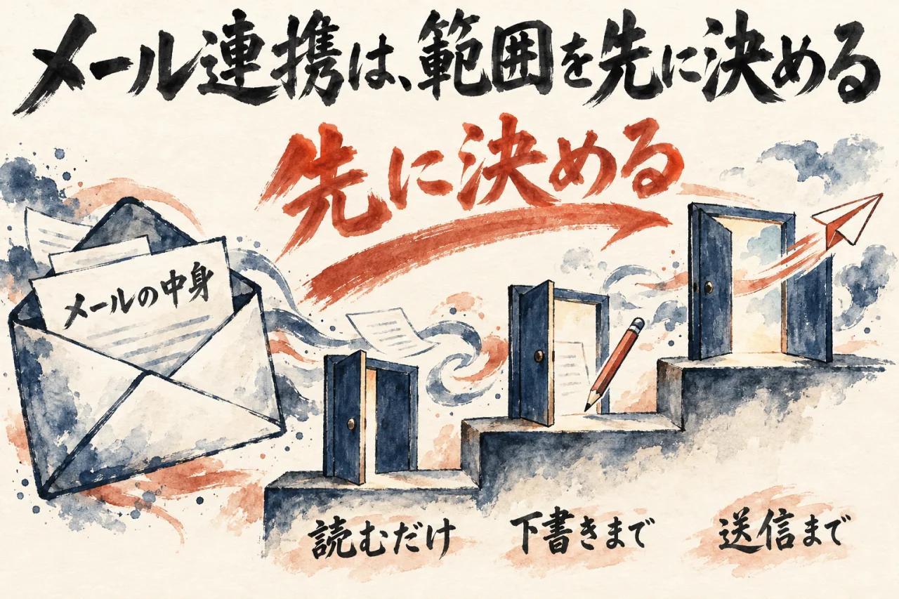 メールの中身を、読むだけ・下書きまで・送信までの3段階で先に決める、ことを示した階段の図解