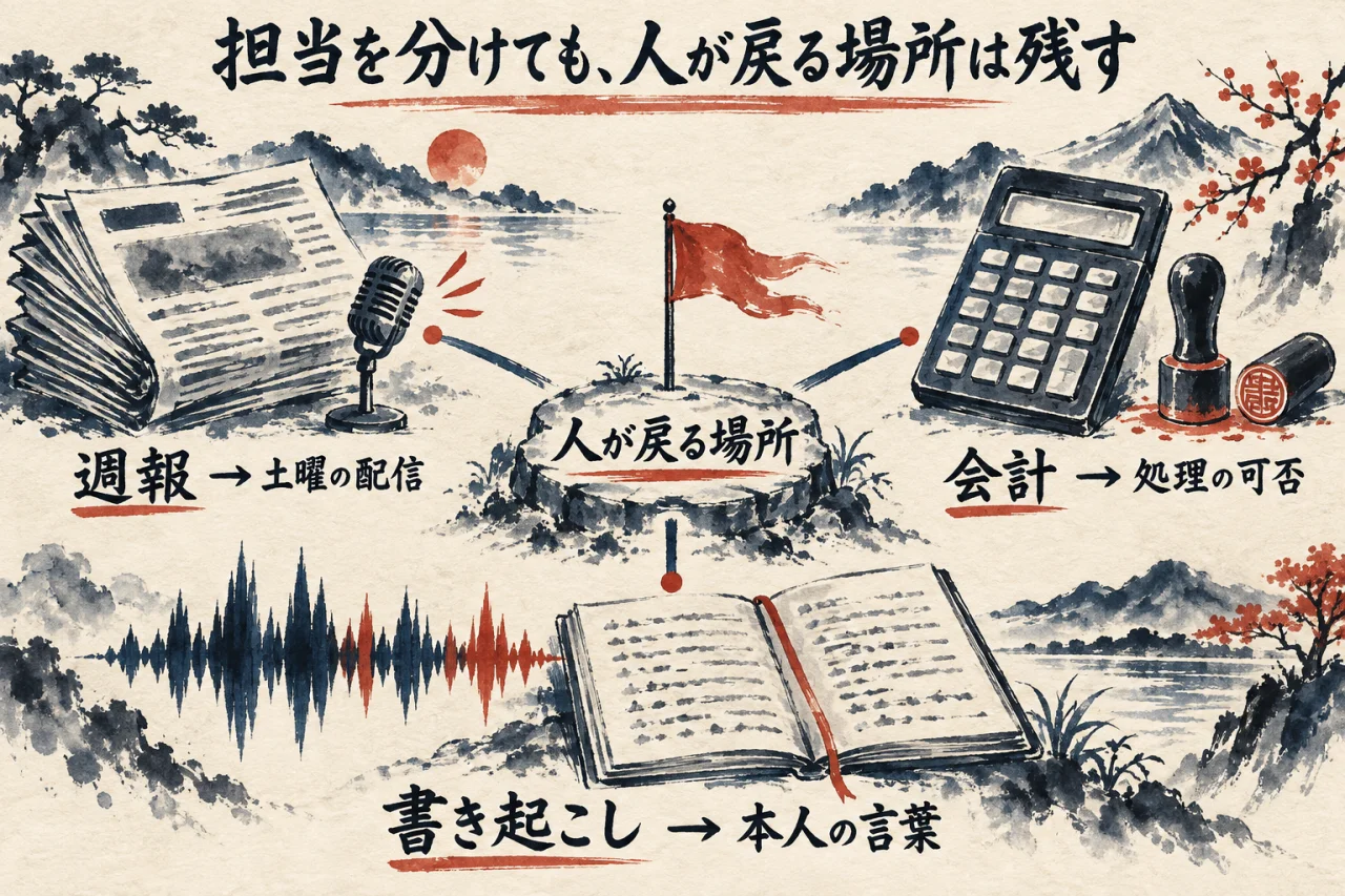 週報は土曜の配信、会計は処理の可否、書き起こしは本人の言葉、と担当ごとに人が戻る場所を残す図解