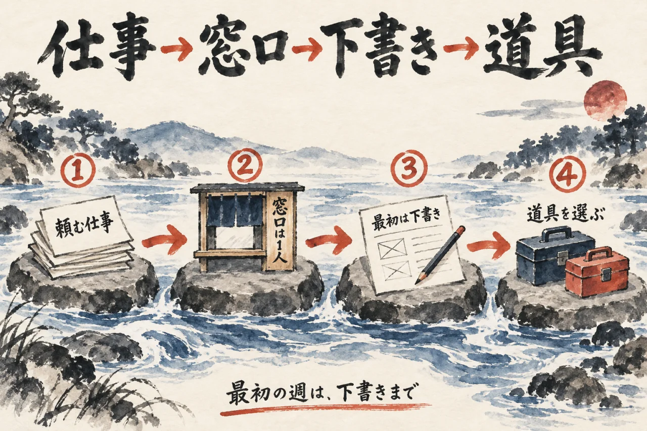 頼む仕事、窓口は1人、最初は下書き、道具を選ぶ、の順に進む飛び石の図解