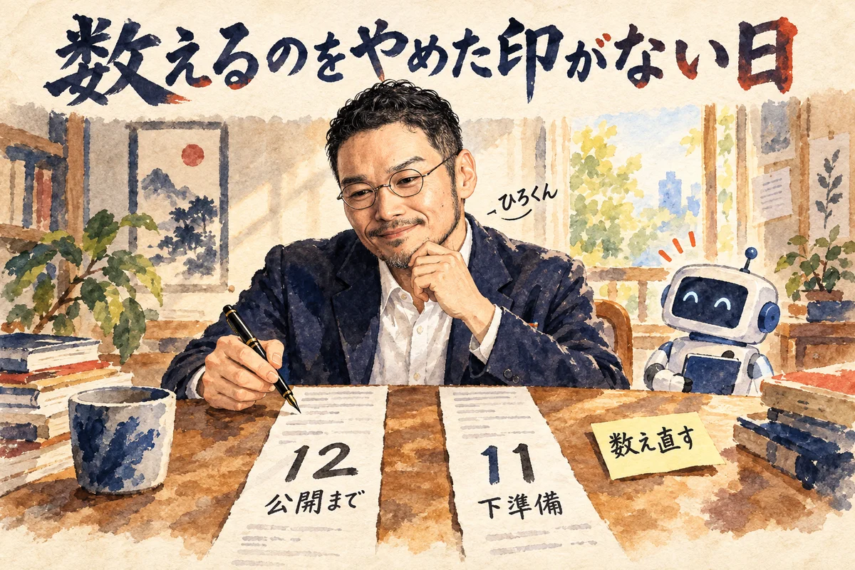 12と11の2枚のレシートを見比べて、ペンで数え直すひろくんと、隣で見守る小さなAI秘書のコラム図解