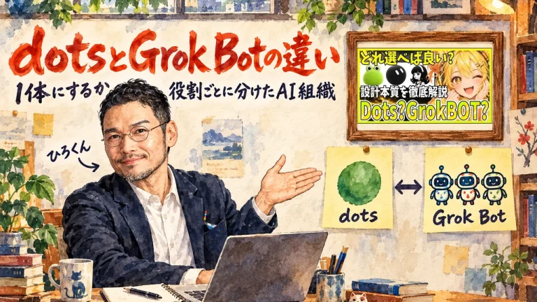 dotsとGrok Botの違い。1体にするか、役割ごとに分けたAI組織にするかを、dotsとGrok Botの付箋を手で示すひろくんと、壁にかけた動画のサムネイル