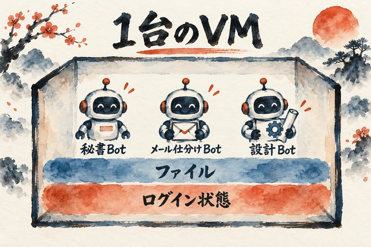 1台のVMの中に秘書Bot・メール仕分けBot・設計Botが並び、ファイルとログイン状態を全員で共有するGrok Botの図解