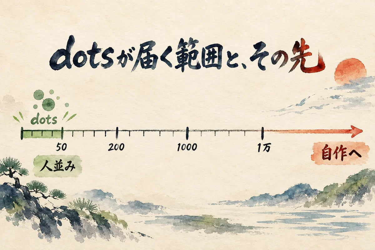 dotsが届くのは人並みの目盛りまで、その先の200・1000・1万は自作へ続くことを示す、ものさしの図解