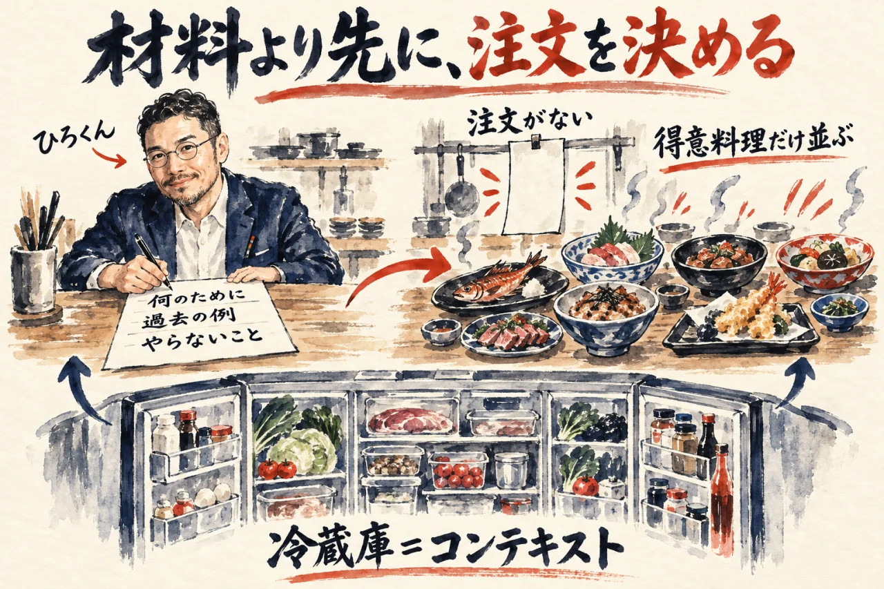 ひろくんが机で何のために・過去の例・やらないことを書いた注文書を手にし、冷蔵庫の材料より先に注文を決める図解