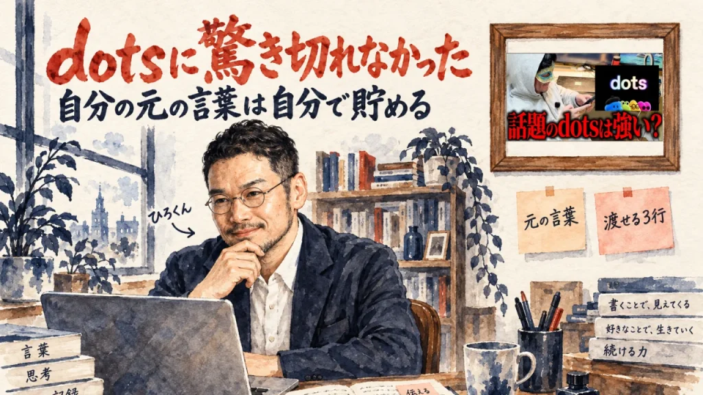 ひろくんがノートパソコンを前に考え、壁の額縁に動画のサムネイルが飾られたアイキャッチ。元の言葉と渡せる3行の付箋