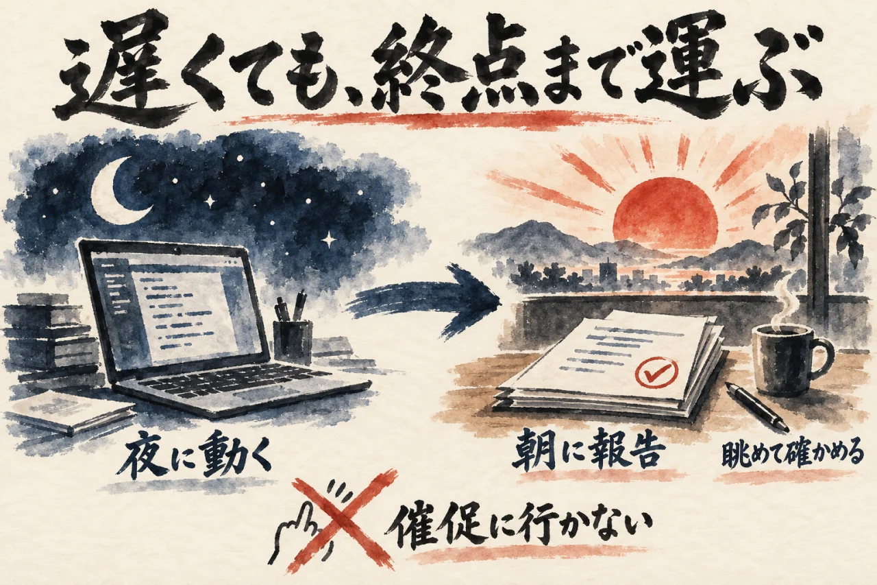 夜にパソコンが動き、朝に報告を眺めて確かめる、催促に行かない流れを示した図解