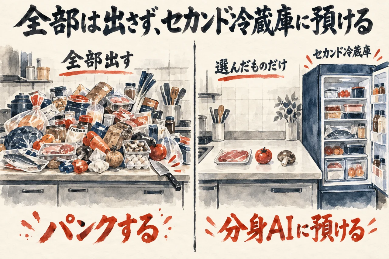 台所に全部出すとパンクするが、選んだものだけを出し、残りはセカンド冷蔵庫の分身AIに預ける、を対比した図解