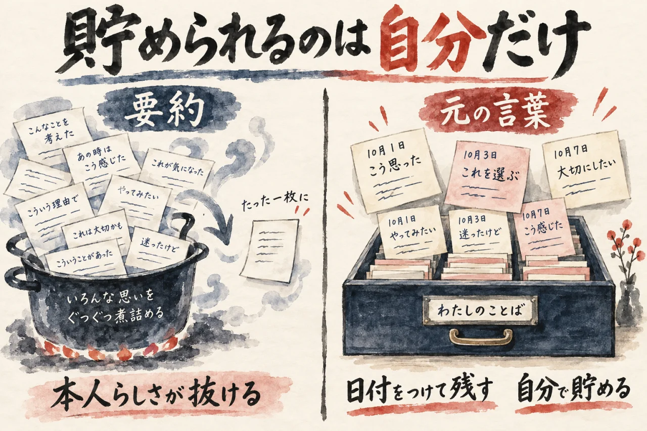 いろんな思いを煮詰めた要約では本人らしさが抜け、日付をつけて残した元の言葉を自分で貯める、を対比した図解