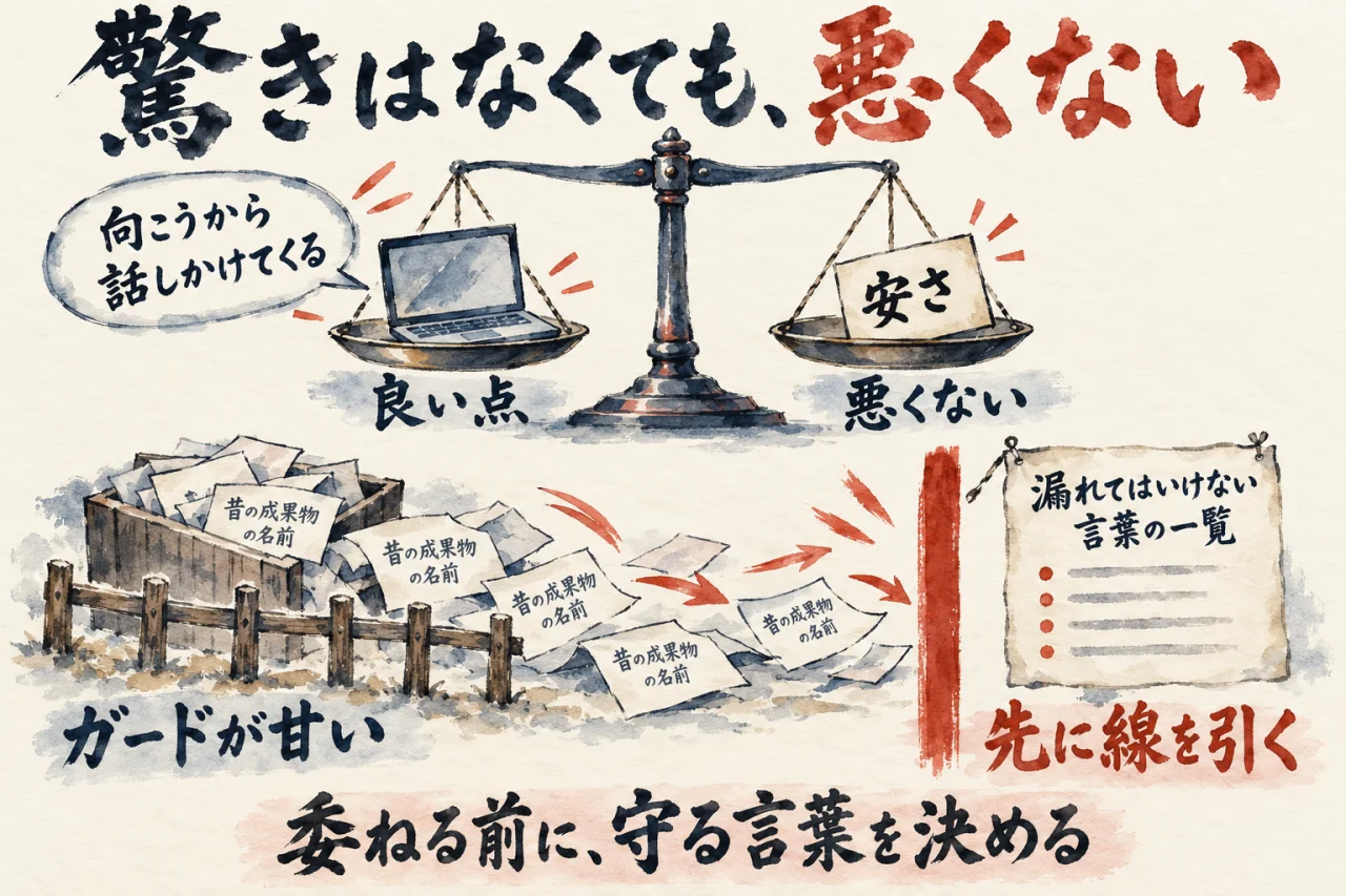 向こうから話しかけてくる良い点と安さを天秤に載せ、昔の成果物の名前が漏れるガードの甘さには先に線を引く、ことを示した図解