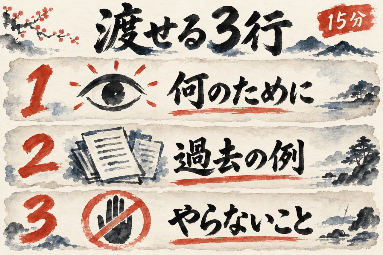 何のために、過去の例、やらないことの3行を15分で書いて渡す、ことを示した図解