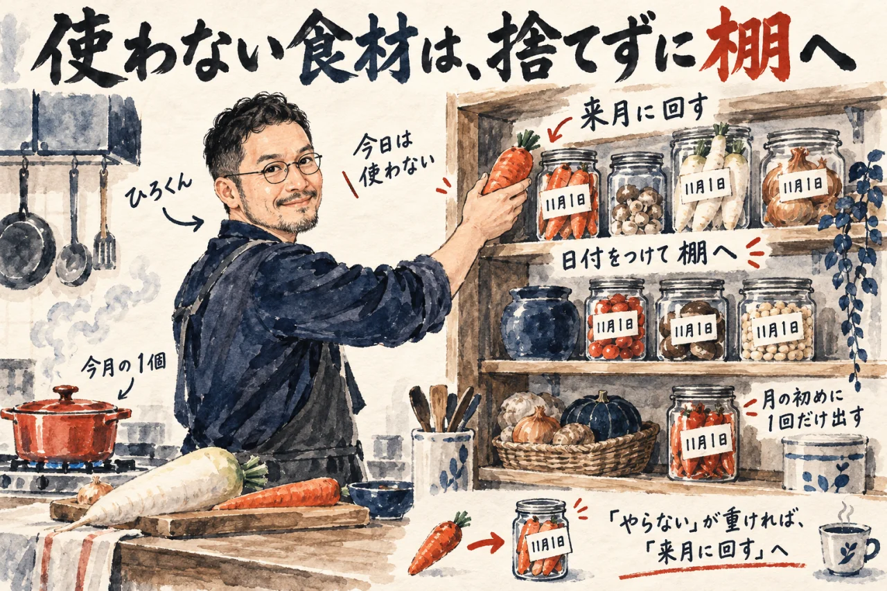 ひろくんが使わない食材を捨てずに、日付をつけた瓶にして来月に回す棚へ戻しているコラム図解