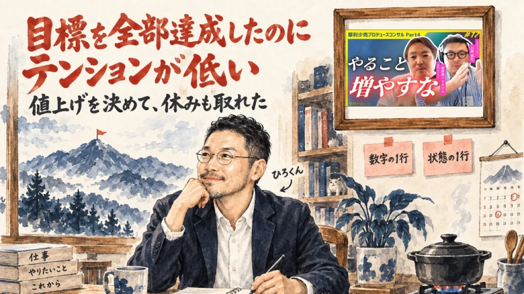 ひろくんが窓の外の山を見ながらノートに書いている、目標を全部達成したのにテンションが低い回のアイキャッチ。壁に動画のサムネイル