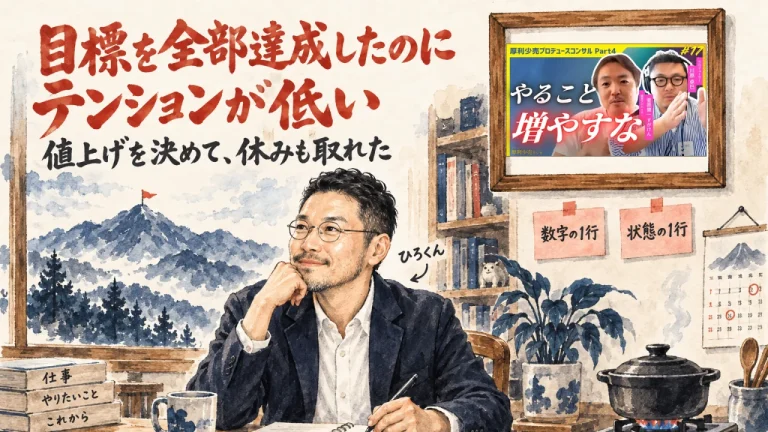 ひろくんが窓の外の山を見ながらノートに書いている、目標を全部達成したのにテンションが低い回のアイキャッチ。壁に動画のサムネイル