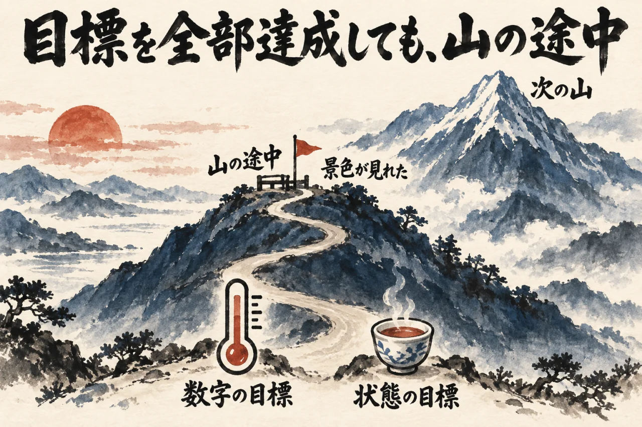 目標を全部達成しても山の途中にいて、景色を味わったら次の山へ急ぐことと、麓に数字の目標を測る温度計と状態の目標を表す湯のみが並ぶことを示した図解