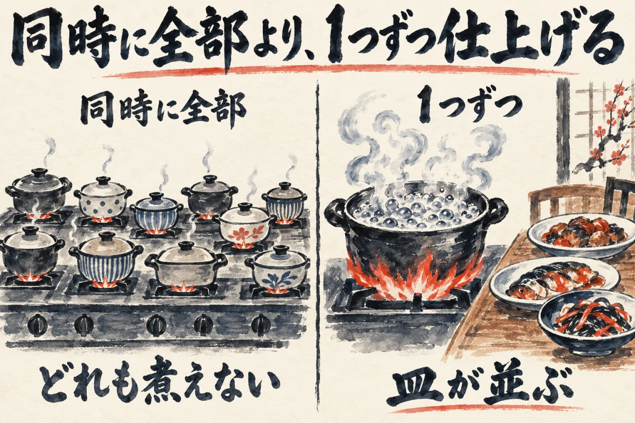 同時に全部の鍋を火にかけるとどれも煮えず、1つずつ仕上げると皿が並ぶことを左右に対比した図解