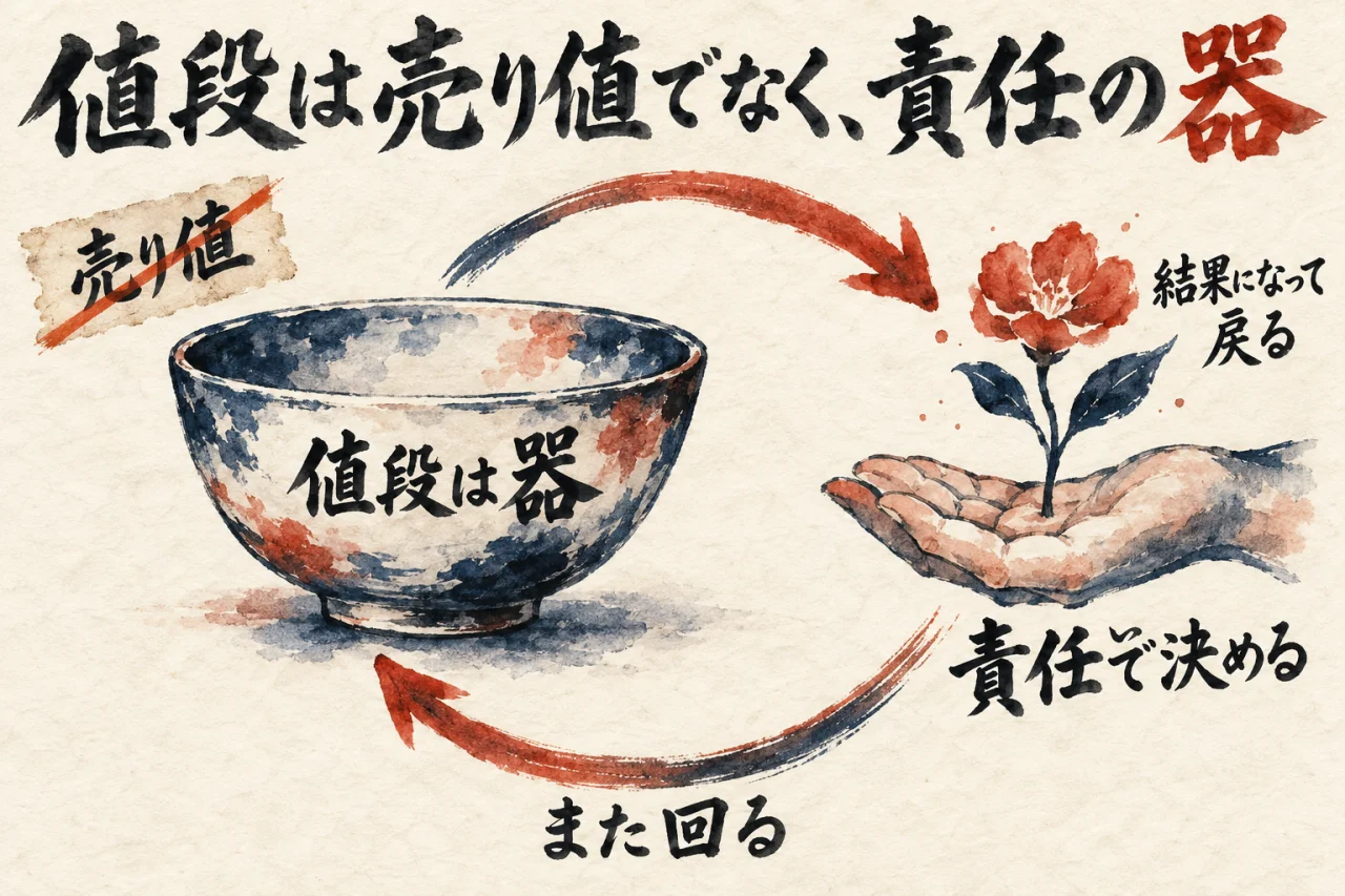 値段を売り値ではなく責任で決める器として、お客様の結果になって戻り、また回る循環を示した図解