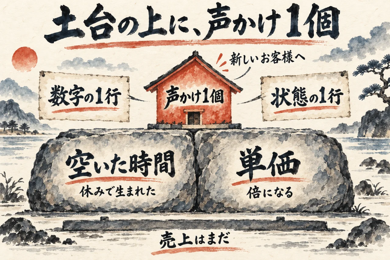空いた時間と単価の2つの石が土台になり、その上に新しいお客様への声かけ1個を載せ、数字の1行と状態の1行を添える図解