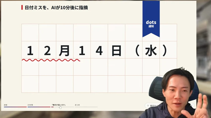 動画キャプチャ: 12月14日と書いたメールに、dotsが「曜日違い」と通知を出す画面（3:32頃）