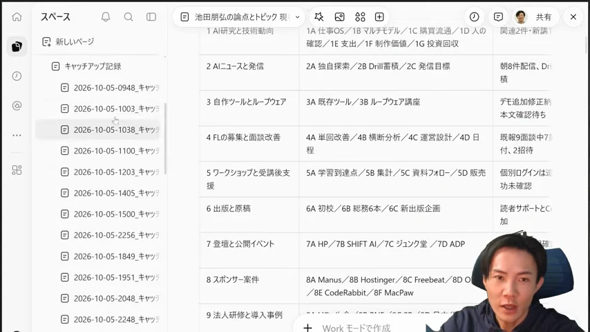 動画キャプチャ: スペースに、日付と時刻つきのキャッチアップ記録のノートが並んだ画面（9:04頃）