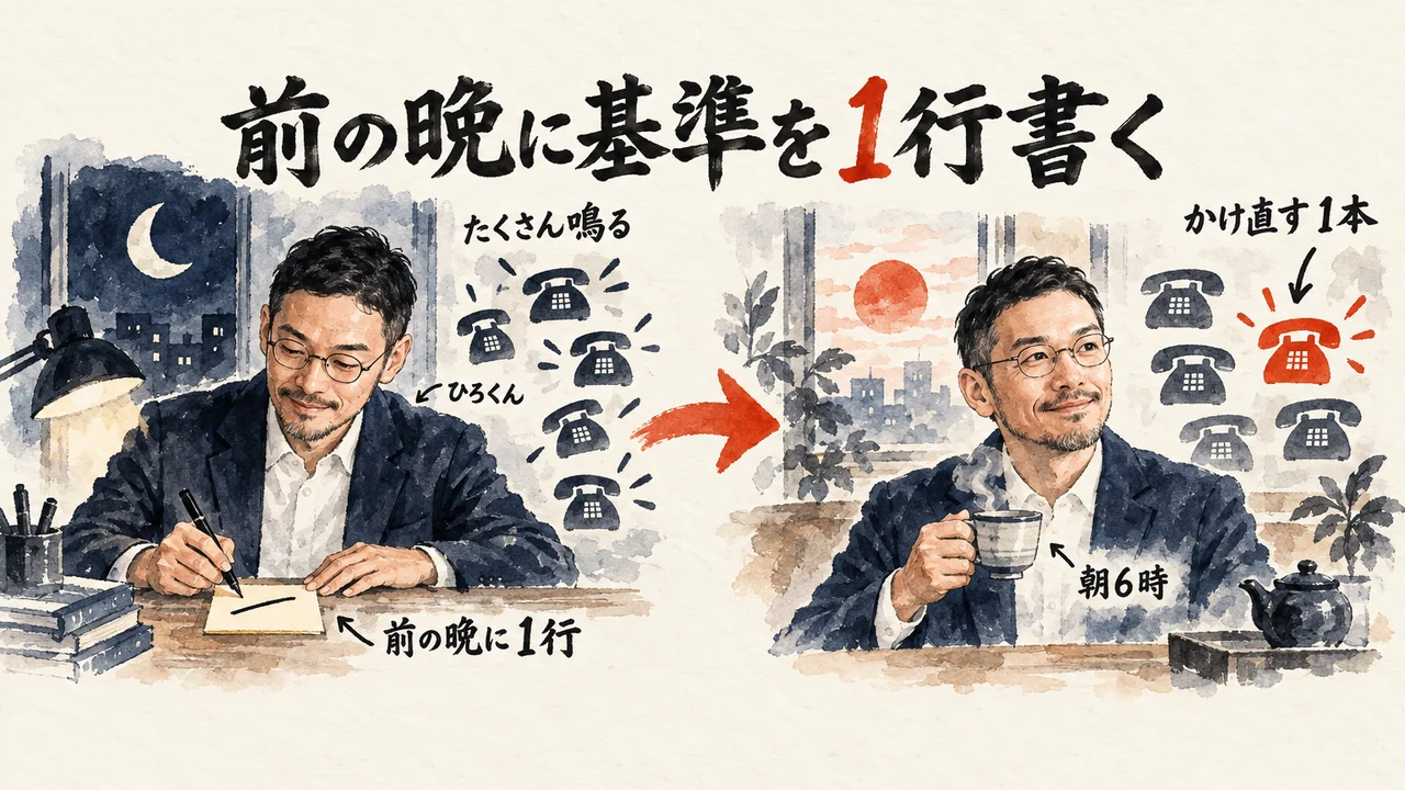 前の晩にひろくんが基準を付箋に1行書き、朝6時にたくさん鳴る電話の中から朱色に光るかけ直す1本を湯のみを手に眺める場面の図解
