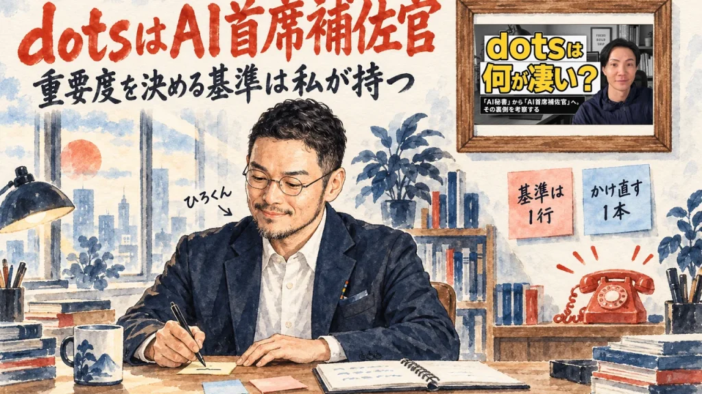 ひろくんが付箋に重要度の基準を1行書いている、dotsはAI首席補佐官のアイキャッチ。壁に動画のサムネイル