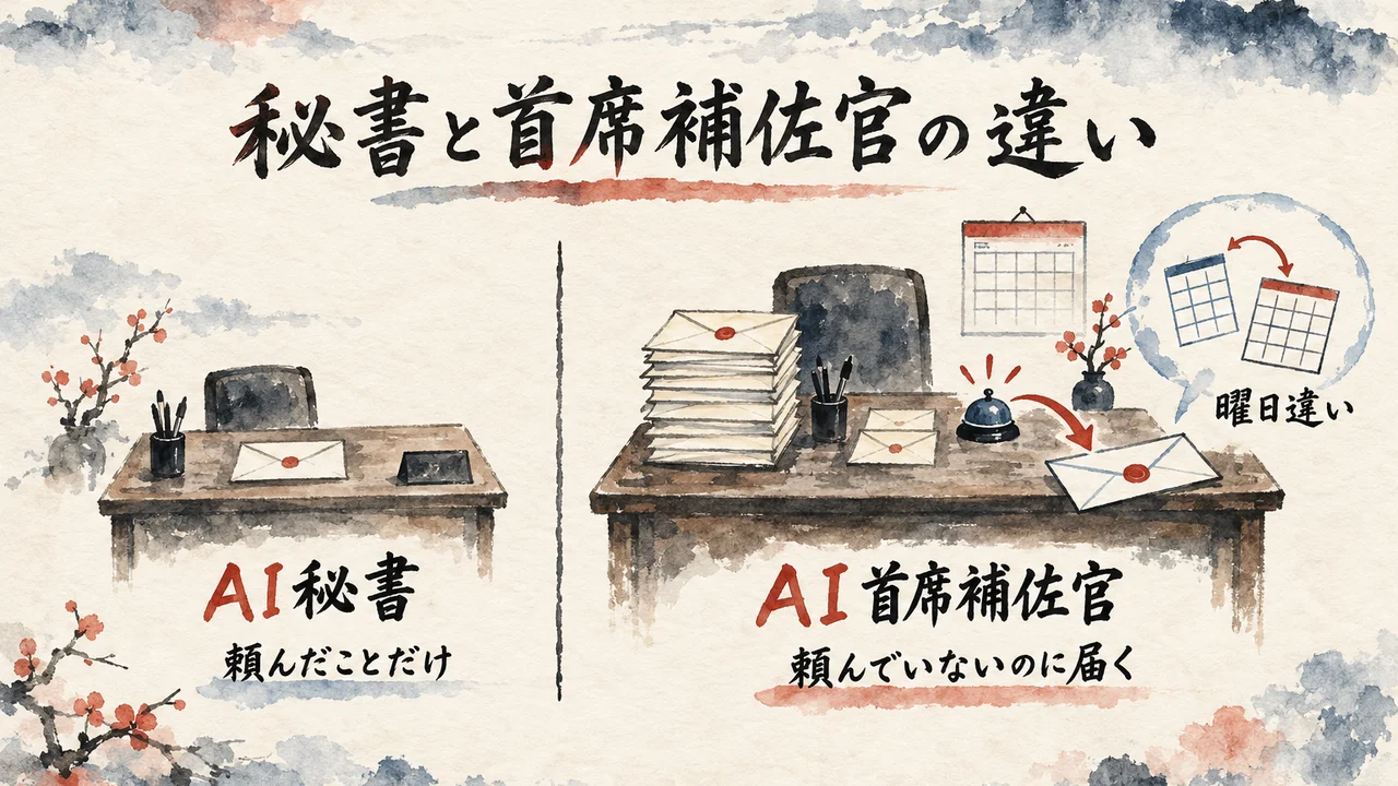 頼んだことだけを置くAI秘書の机と、頼んでいない曜日違いの1通まで届けるAI首席補佐官の机を左右に対比した図解