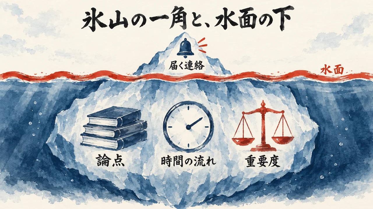 水面の上に見える届く連絡と、水面の下にある論点・時間の流れ・重要度を氷山で示した図解