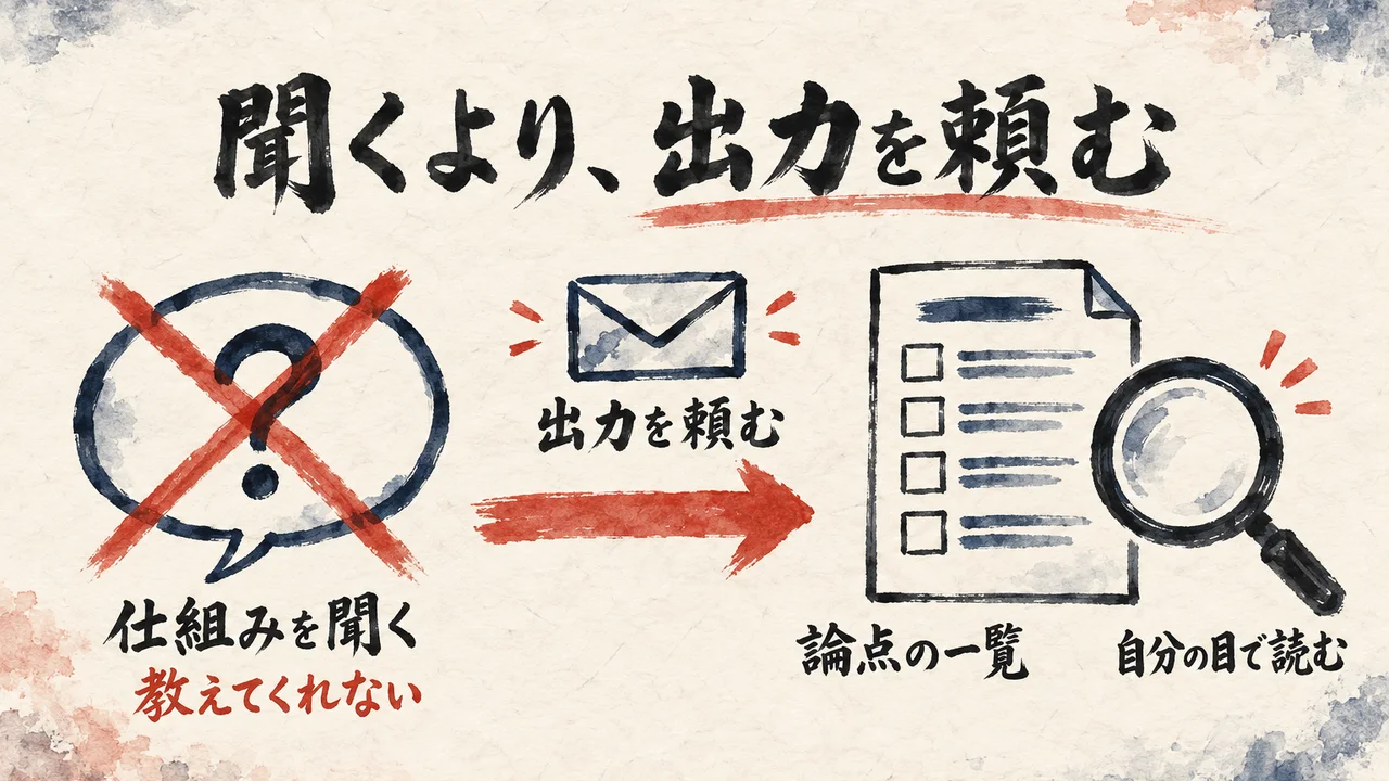 仕組みを聞いても教えてくれないが、出力を頼むと論点の一覧が出てきて自分の目で読めることを、左から右への流れで示した図解