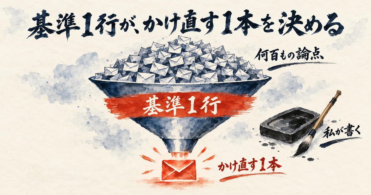 何百もの論点が基準1行の漏斗を通り、かけ直す1本だけが出てくることを示した図解