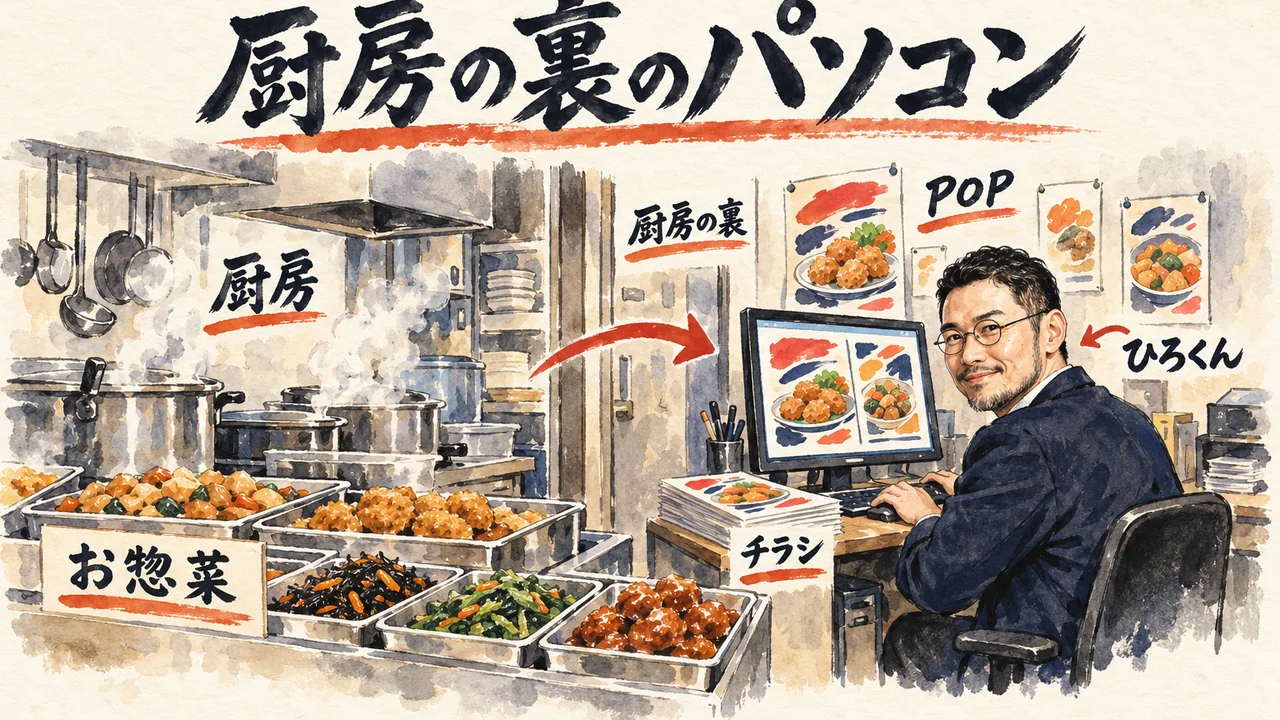 厨房のお惣菜と湯気の奥、厨房の裏の小さな机でひろくんがパソコンに向かい、POPとチラシを作っている場面の図解