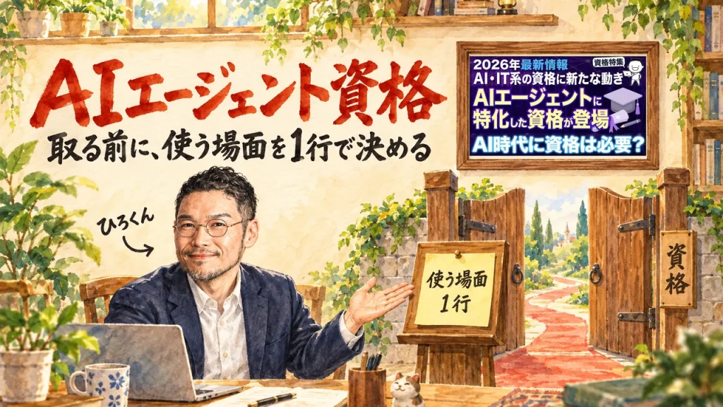 ひろくんが入口の門の前の台に置いた付箋「使う場面1行」を紹介している、AIエージェント資格のアイキャッチ。壁に動画のサムネイル