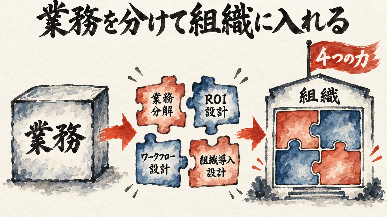 1つの業務の塊が業務分解・ROI設計・ワークフロー設計・組織導入設計の4つに分かれて組織の枠に入ることを示した図解
