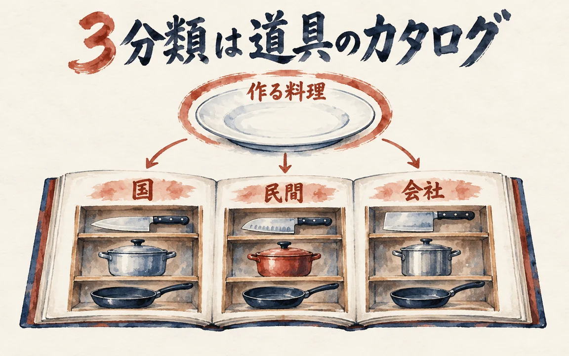 国・民間・会社の3分類を道具のカタログの棚として並べ、その上に先に決める作る料理の皿を置いた図解