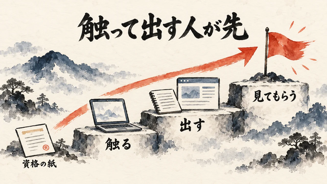 触る、出す、見てもらうの3段の階段の脇に、小さな資格の紙が置かれていることで、触って出した物が先だと示した図解
