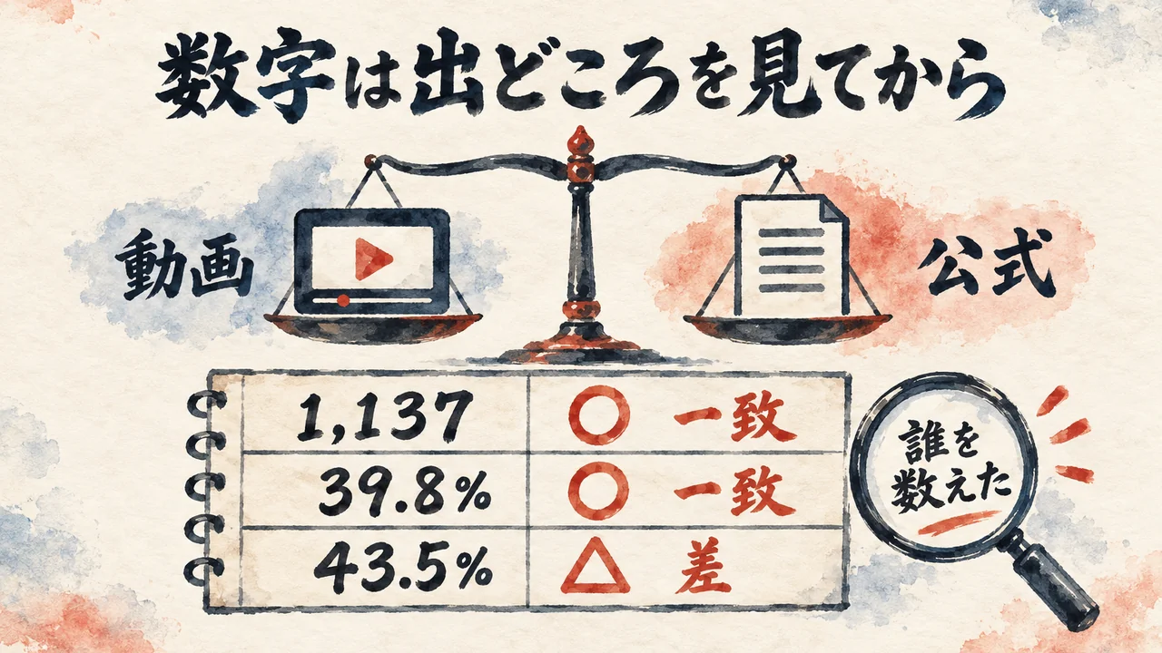 動画と公式の数字を天秤にのせ、1,137と39.8%は一致し、43.5%は誰を数えたかが違うことを示した図解