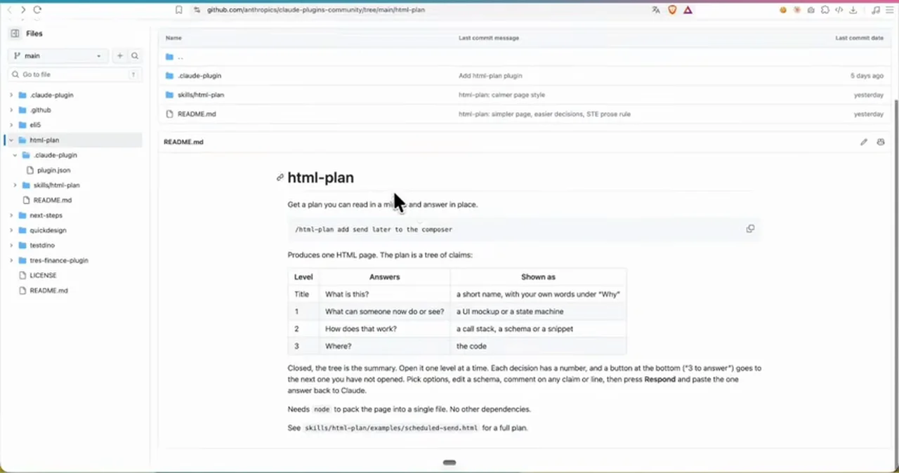 動画キャプチャ: GitHubのhtml-planのREADMEで、階層の表とNodeが要るという記載が出る画面（7:31頃）