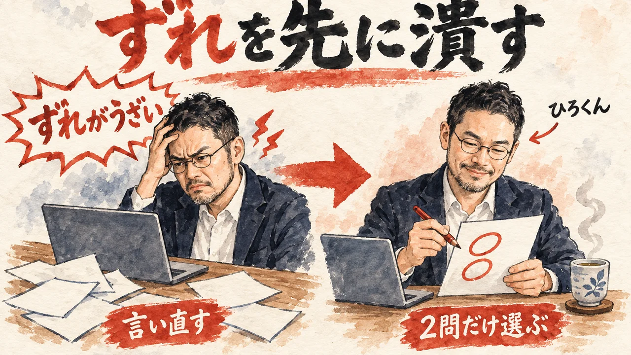 机で眉を寄せて言い直すひろくんから、1枚のページに丸を2つ付けて選ぶひろくんへ移る、ずれを先に潰す場面の図解