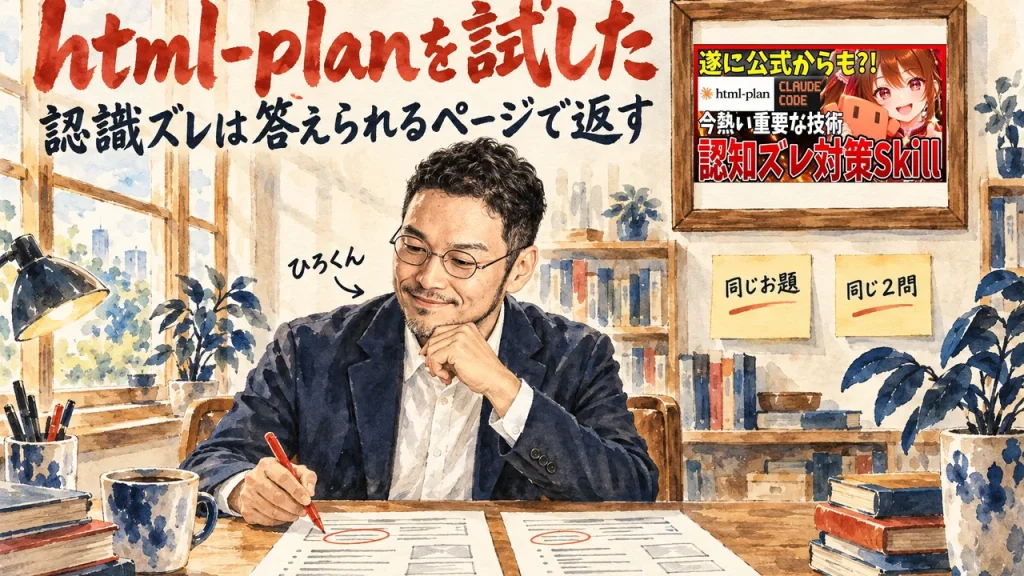 ひろくんが同じ形の2枚のページを見比べて朱色のペンで丸を付けている、html-planを試した記事のアイキャッチ。壁に動画のサムネイル