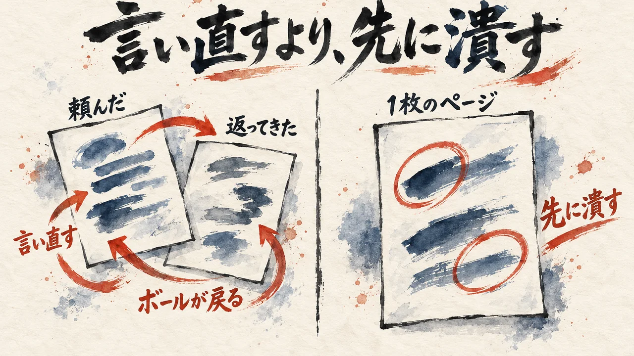 頼んだ紙と返ってきた紙がずれて言い直しが続く左と、整った1枚のページで先にずれを潰す右を対比した図解