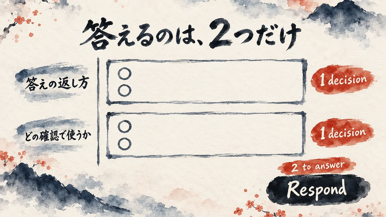 目次の2つの問いと、1 decisionのバッジが2つ、2 to answerとRespondのボタンが並ぶ1枚のページの図解