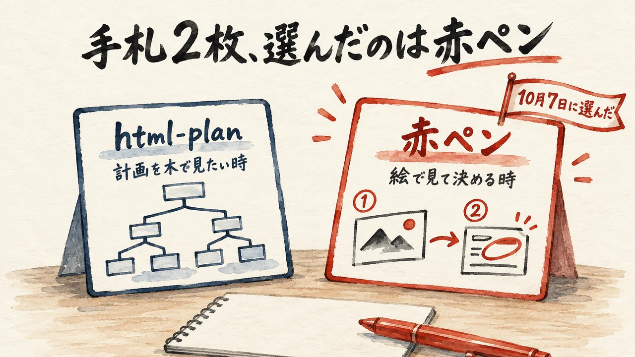 html-planと赤ペンの2枚のカードを手札として並べ、10月7日に赤ペンを選んだことを示した図解