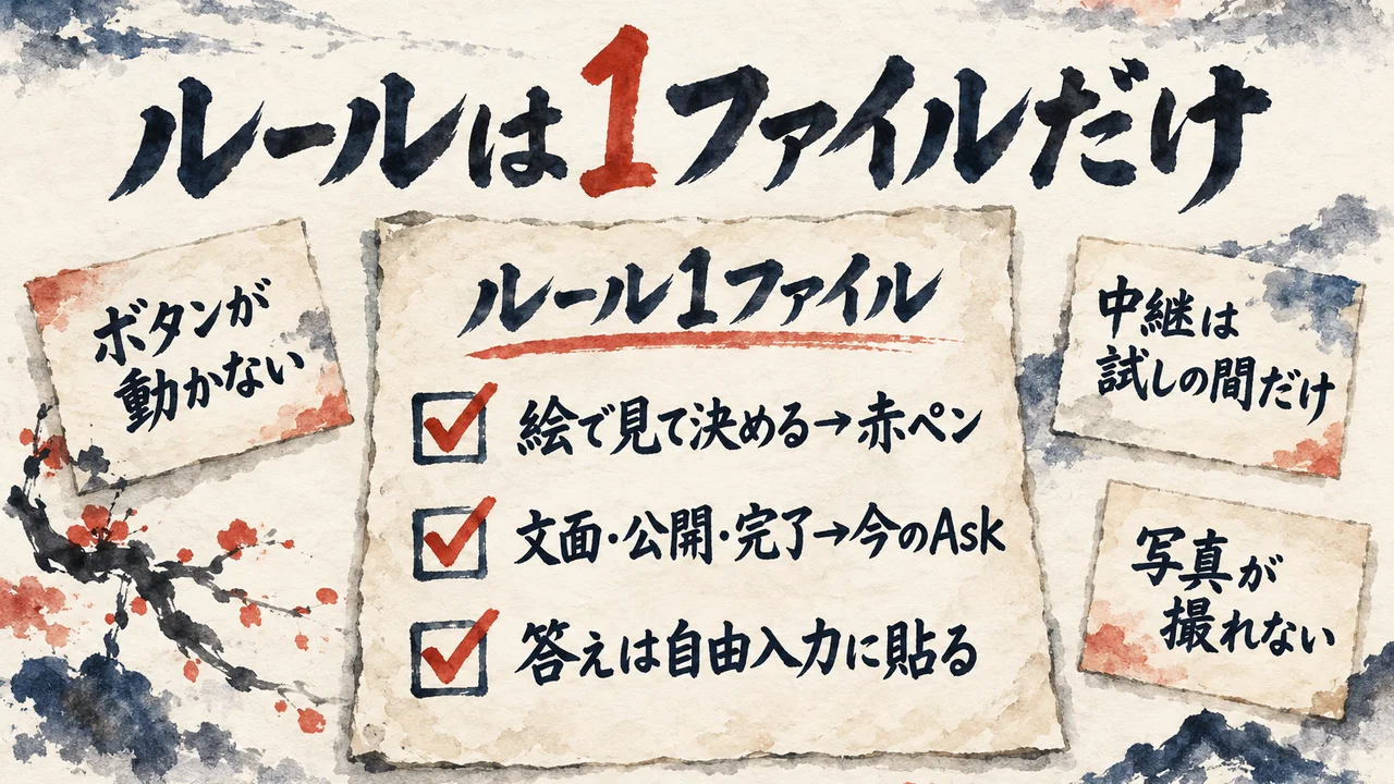 絵で見て決める確認は赤ペン、文面・公開・完了は今のAsk、答えは自由入力に貼る、という3つのチェックが付いたルール1ファイルの図解